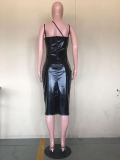 Solid Color PU Straps Midi Dress