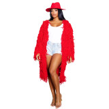 Solid Color Knitted Hand Crochet Fringe Cardigan Sweater