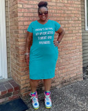 Light Blue Casual Letter Print V Neck Short Sleeve Plus Size T-shirt Dress