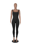 Solid Color Ribbed Sleeveless Square Neck Backless Tank Jumpsuit