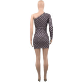 Casual Brown Long Sleeve Printed Single Shoulder Mini Dresses