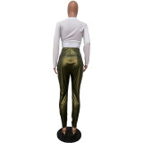 Solid Color High Waist High Elastic Leather Pencil Pants