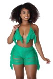Green Summer Beachwear Thread Ripped Crochet Knitted Tassel Bra Top & Shorts Co-Ord