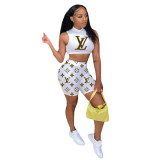 Casual Print Letter Vest Two Piece Short Set