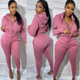 Women's Solid Color Velvet Zipper Hoodied Casual Two Piece Set