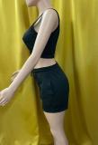 Solid Color Black Ladies Vest Shorts Two Piece Set with Pockets