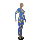 Casual Pattern Printed V Neck Home Jumpsuit