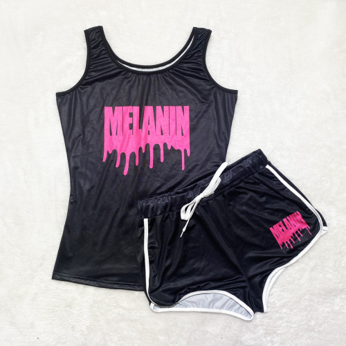 Sexy Graphic Print Vest Shorts Yoga Pants Suit