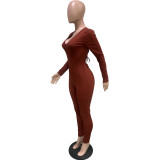 New Fashion Women Solid Long Sleeves Pleated Drawstring Skinny Casual Jumpsuit