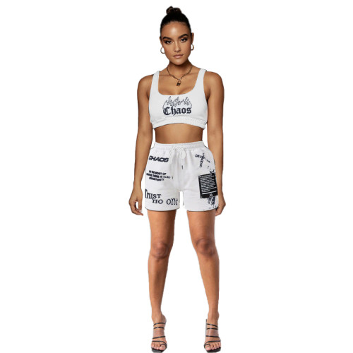 Casual Letter Printing Vest Sports Suit with Pockets