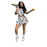 Two Piece Skirt Set Tennis Sports Pattern Printed Vest and Culottes