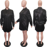 Solid Sequin Loose Turndown Neck Shirt Dress