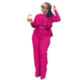 Autumn Solid Rose High-Low Top & Pants Set