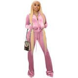 Autumn Winter Pink Velvet Sports Sweatshirt Crop Top and Trousers