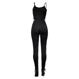 Solid Color Straps Crop Top and Trousers with Side Slit