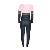 Casual Colorblock Hooded Zipper Pant Set
