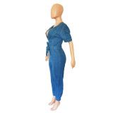 Denim Zipper Collar Lace-Up Jumpsuit