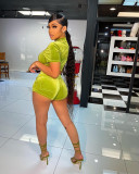 Women 2021 Green Velvet Zipper Crop Top and Short Set