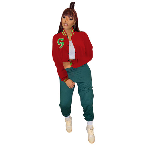 Casual Red Cropped Letter Print Varsity Baseball Jacket