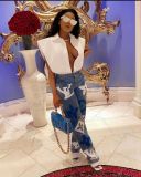 Casual Offset Printing Denim Trousers High Waist Blue Washed Jeans