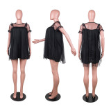 Summer Black Short Sleeve Round Neck Lined Mesh See-through Sexy Dress