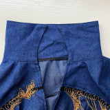 Solid Color Denim Fringed Jumpsuit with Belt