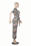 Short Sleeve Print Jumpsuit with Belt