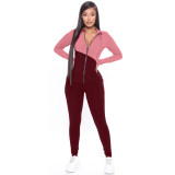 Color Block Zipper Turndown Neck Blouse and Pants