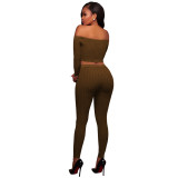 Women Fashion Thread Off Shoulder Crop Top 2 Piece Set Casual Bodycon Casual Outfit Sportswear