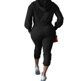Solid Color Black Drop-shoulder Hooded Sweatshirt Thick Sweatpants Set