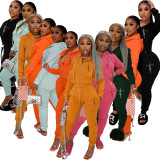 Casual Printed Bodycon Sexy Zipper Hoodie 2 Pieces Outfits Set