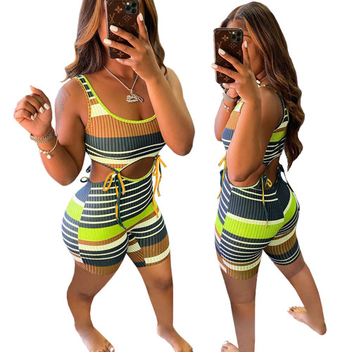 Casual Pit Striped Lace-up Rompers