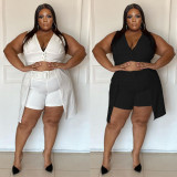 Plus Size Women's Casual White Cardigan Two Piece Shorts Set without Belt