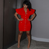 Solid Color Ruffle Sleeve Turndown Collar Single-breasted Cardigan Party Dress with Pockets