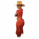 Casual Orange Knitted Edge Distressed Tassels Sleeveless Dress