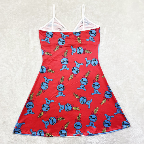 Sexy Loungewear Summer Cartoon Pattern Printed Spaghetti Strap Homewear Dress