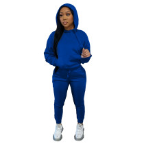 Solid Navy Blue Fleece Hooded Sweatshirt Pant Set