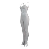 Solid Color Straps Crop Top and Trousers with Side Slit