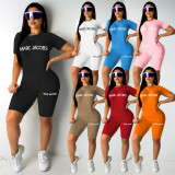 Casual High Elasticity Fashion Pyrography Letter Short Sleeve Shorts Set