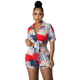 Fashion Casual Paisley Bandage Shirt Two Piece Summer Set