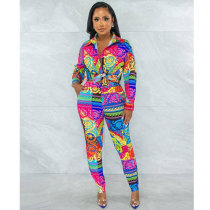 Casual Printed Turndown Neck Long Sleeve Shirt Trousers Homewear Casual Set