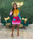 Autumn Knit Color Contrast Patchwork Long Sleeve Crop Top And Skirt Sets Female Matching Set