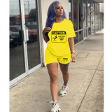 Casual Solid Color Graphic Print Short Sleeve Shorts 2 Piece Set