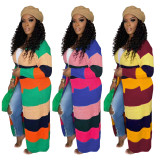 Casual Color Contrast Hand Knitted Long Cardigan Sweater