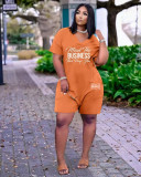 Orange Women's V Neck Letter Print Loose Shorts Romper for Summer