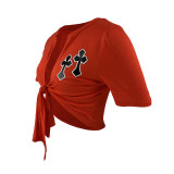 Summer Cross Leather Embroidery Hollow Bandage Shirt