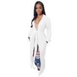 Tassel Trim Open Front Chunky Knit Longline Cardigan