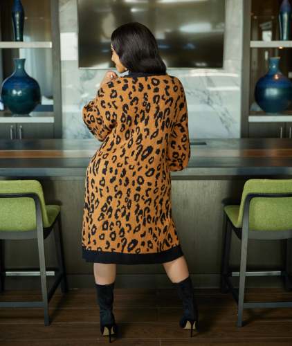 Women's Knitting Leopard Midi Cardigan Coat
