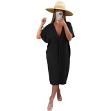 Black Casual Loose Solid Pleated V Neck Midi Dress
