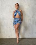 Sexy Printed Hollow Halter Top Mini Skirt 2 Piece Sets